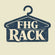 A house-shaped hanging rack sign with a dark navy blue distressed background and cream lettering that reads 'FHG RACK' on a plain white background.